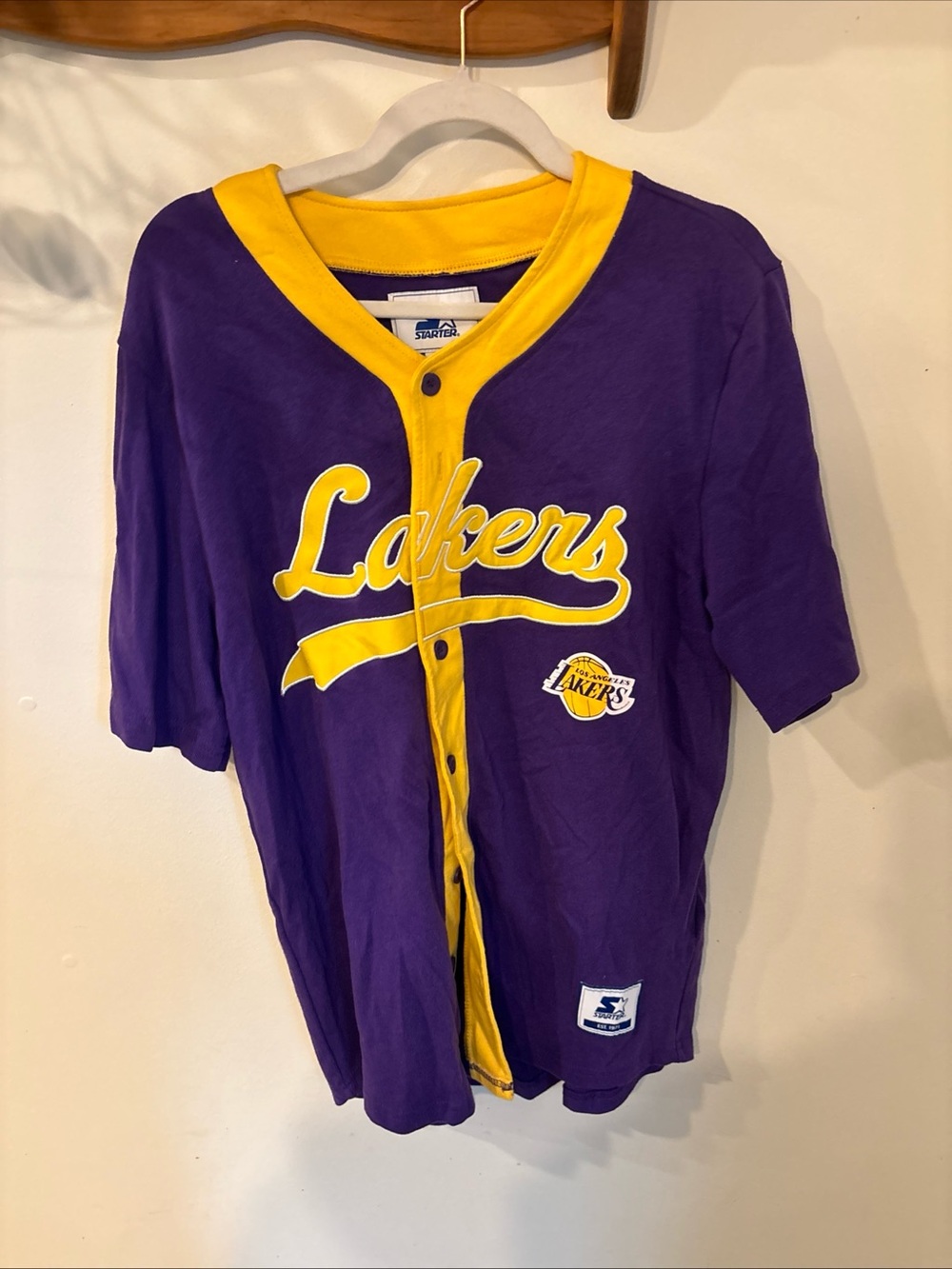 STARTER Purple and Yellow Lakers Adult Button-Up Jersey